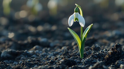 Delicate Snowdrop Flower Blooming in Springtime Soil Close Up View