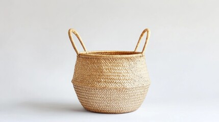 Fototapeta premium Empty light beige woven basket on white background
