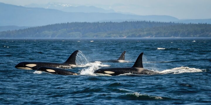 Orcas swim in school through the dark blue ocean, ocean creature, ocean animal, underwater scene, orcas