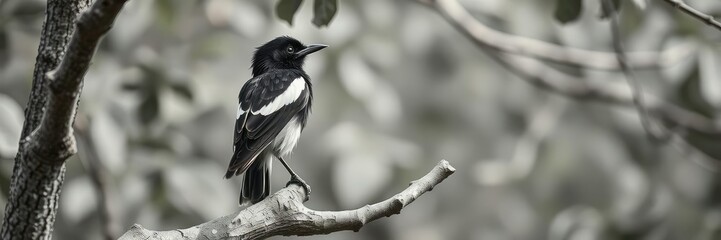 Oriental magpie robin with black and white plumage perched gracefully on a tree branch, bird, perched