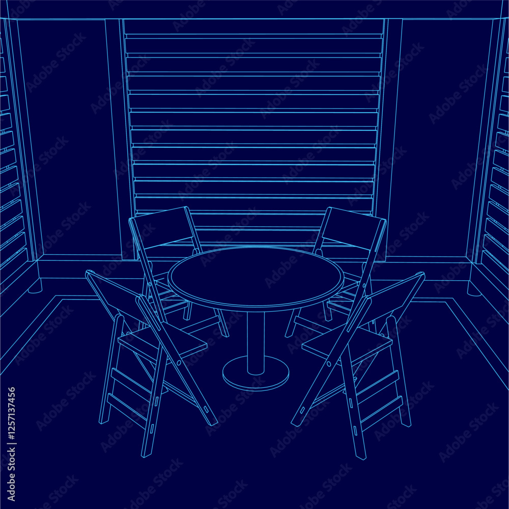 Aufkleber a blue drawing of a table with four chairs around it. the chairs are all lined up and facing the tab