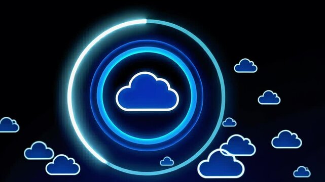 Abstract representation of cloud computing with glowing blue clouds and circular elements on a dark background