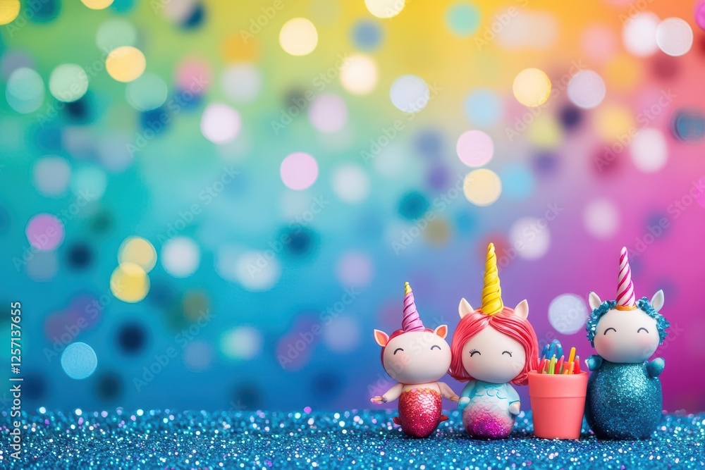 Poster two unicorns standing beside a colorful pot filled with assorted candy on a bright background