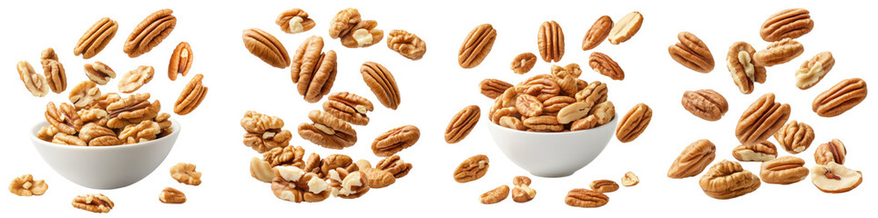 Obraz premium Pecans flying mid-air, isolate on white background. Set Collection cutout png.