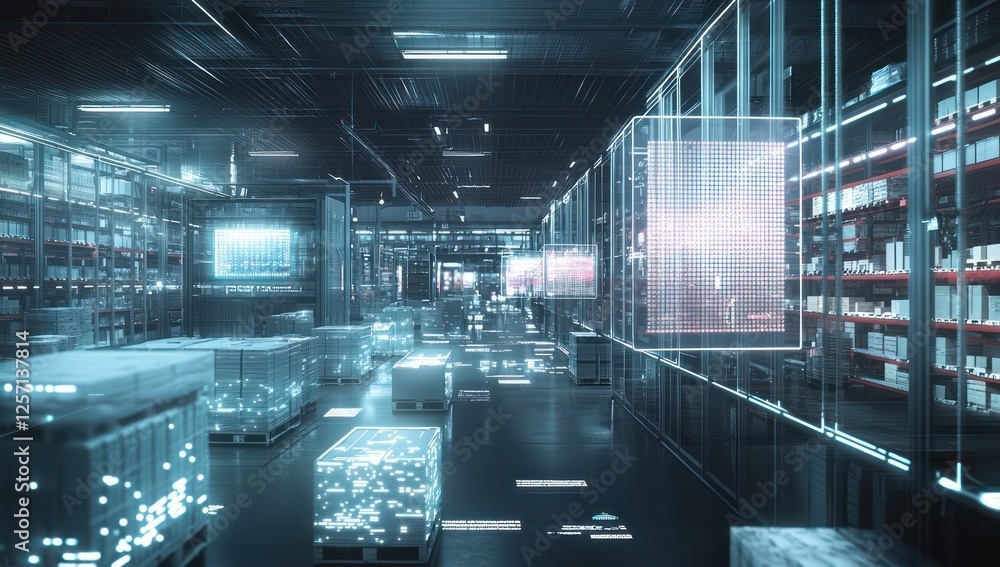 Poster warehouse automation system optimizing deliveries , holographic logistics data streams.