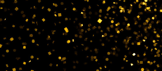 Falling gold confetti overlay on black background, festive abstract glittering decoration, celebration design backdrop, shiny golden particles, sparkling effect, holiday theme, digital textured layer
