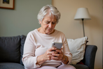 Upset elderly woman sitting on couch, holding phone, visibly distressed after being scammed, emotional reaction to fraud, worried and sad indoors