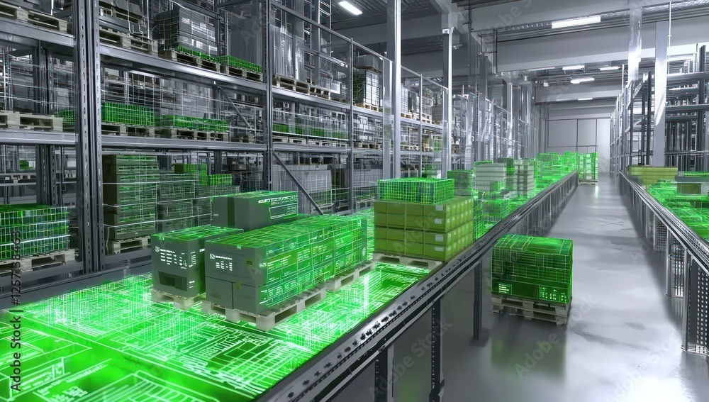 Poster ai-driven fulfillment center optimizing storage , dynamic data projected in real-time.