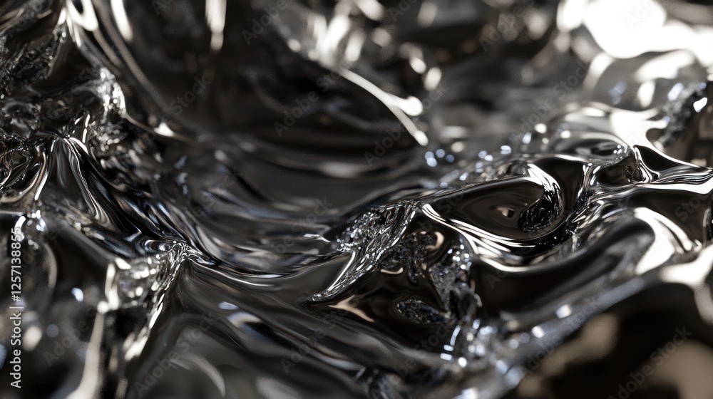 Poster abstract close up of flowing glossy liquid chrome surface