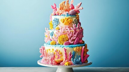 A three tiered cake decorated with colorful coral
