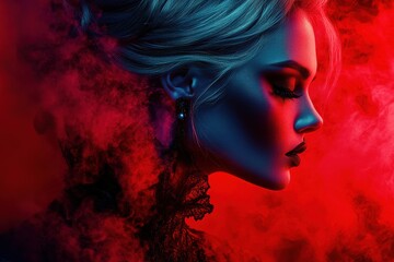Fototapeta premium A woman's profile is dramatically lit in red and blue, smoke swirling around her. She wears elegant dark lace.