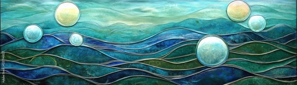 Poster abstract ocean landscape with layered waves and floating orbs