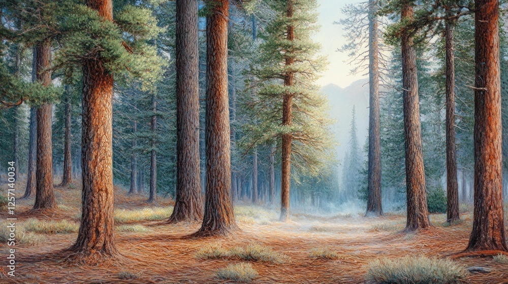 Poster sunlight pierces through tall trees in a dense forest scene