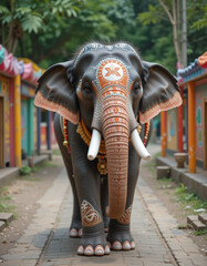 Majestic elephant walking on a rural pathway with traditional decorations, symbolizing wildlife and culture.