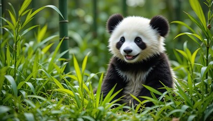 A baby panda sitting contentedly amidst vibrant green grass and surrounded by tall bamboo shoots, enjoying the peace of its natural environment.
