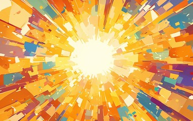 Abstract background with radiant starbursts and vivid, contrasting colors. Featuring reds, yellows, and blues with radiant effects. Ideal for vibrant design projects.