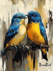 Obraz premium Two Blue and Yellow Birds on Branch