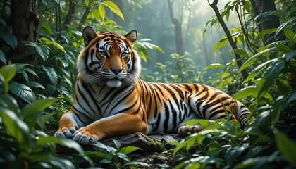Obraz premium A powerful tiger resting gracefully amidst the dense jungle foliage, exuding a sense of calm strength and blending harmoniously with its pristine environment. 
