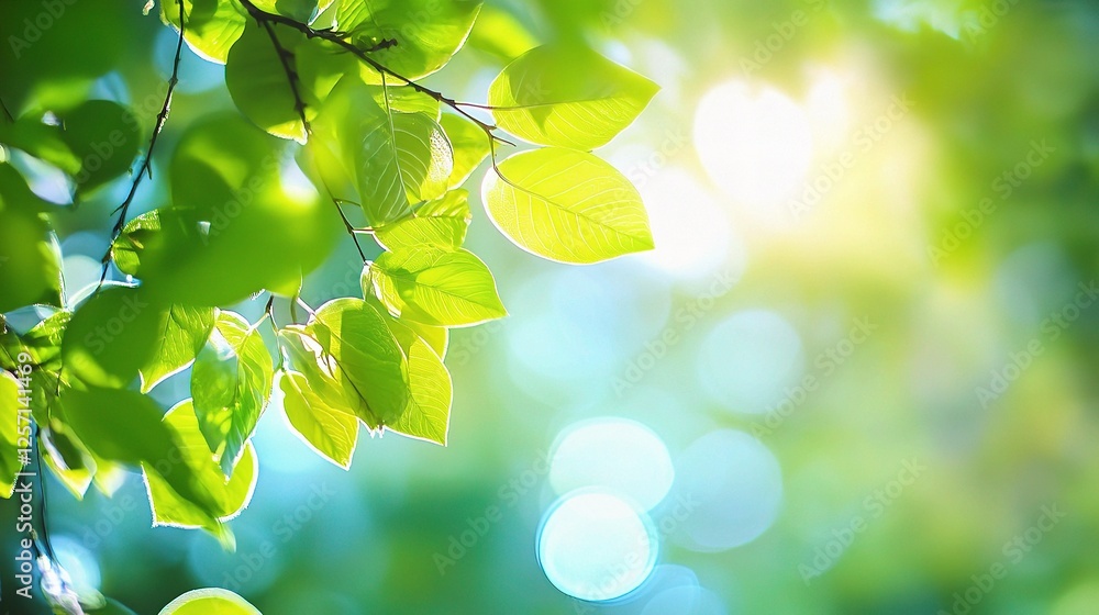 Poster bokeh background of green leaves in spring nature with light effect