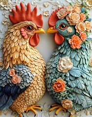 Chickens with Flowers on Ornate Background