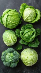 Fototapeta premium Fresh Green Cabbage Collection Isolated With Vibrant Colors on a White Background. Generative AI