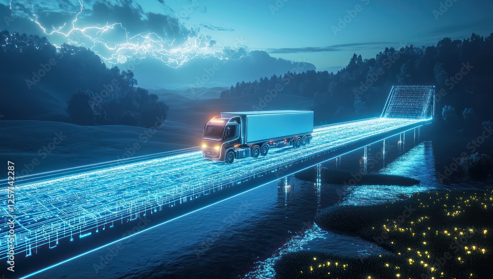 Aufkleber ai-driven smart transport crossing glowing digital bridges, enhancing structured automation systems.