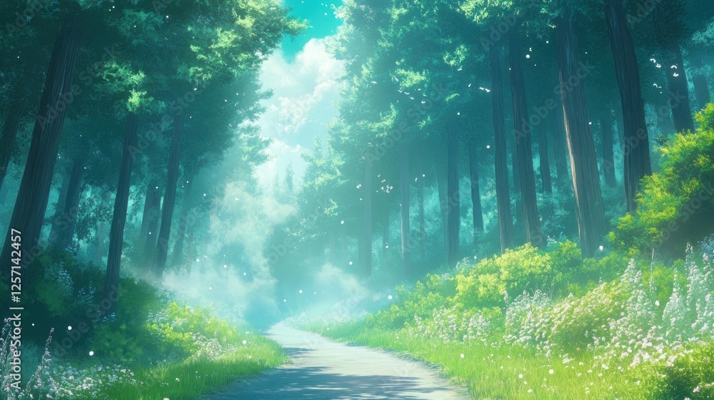Poster winding forest path surrounded by trees flowers and glowing light
