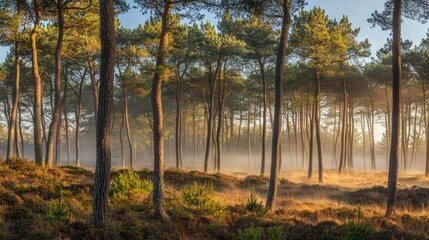 Fototapeta premium Golden light shines through the misty tranquil pine tree forest