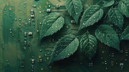 Green leaves on circuit board, technology nature concept