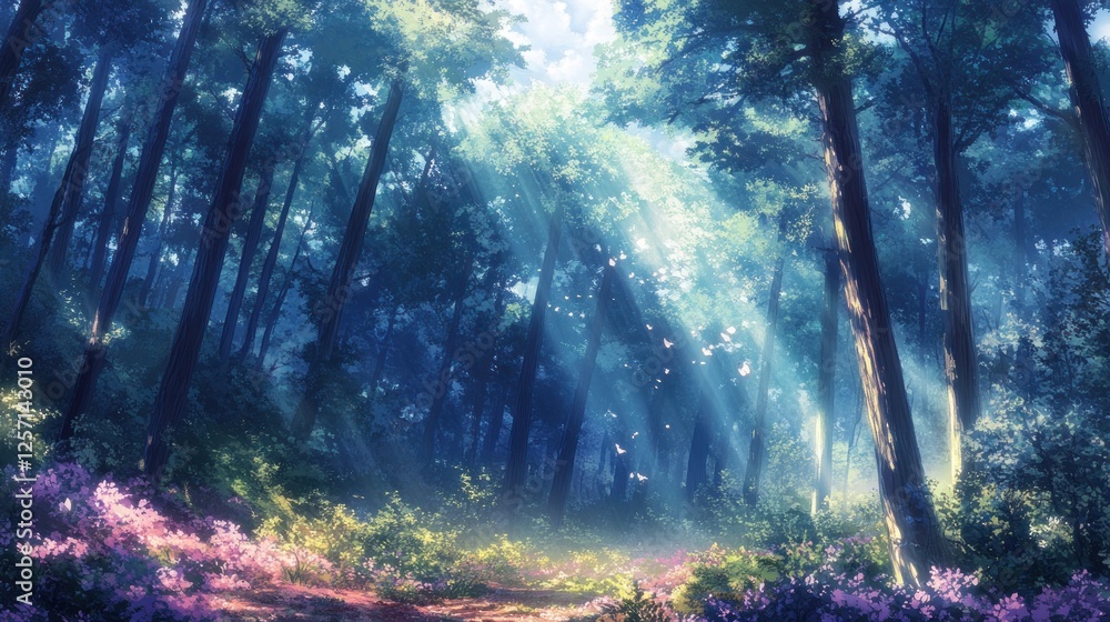Poster sunbeams penetrate a dense forest illuminating a flower covered path