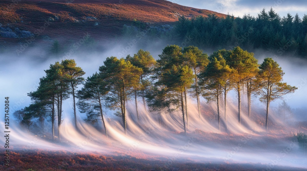 Poster fog streams through a grove of trees in a forest
