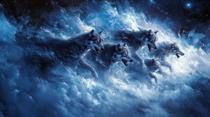 Obraz premium Pack of wolves run through ethereal blue energy and space