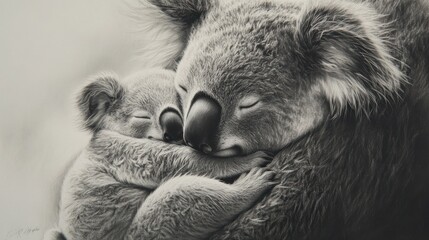 Fototapeta premium Koala mom affectionately embraces her sleeping baby with love