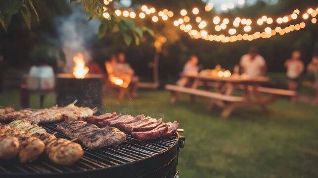 Festive backyard barbeque party with grilled meats and string lights