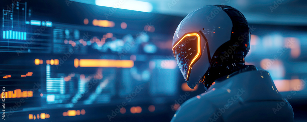 Poster futuristic robot interacts with advanced digital technology.