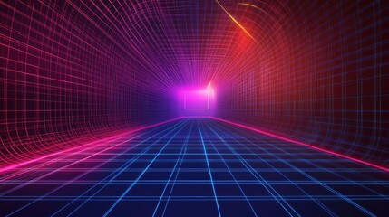 Neon Grid Tunnel, Futuristic Perspective with Vibrant Gradient Colors