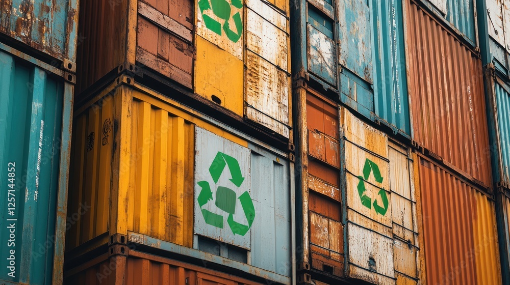 Poster Stack of shipping containers with recycling symbols on some sides