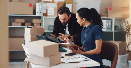 Man, woman and tablet for logistics, boxes and planning with order, stock and delivery information...