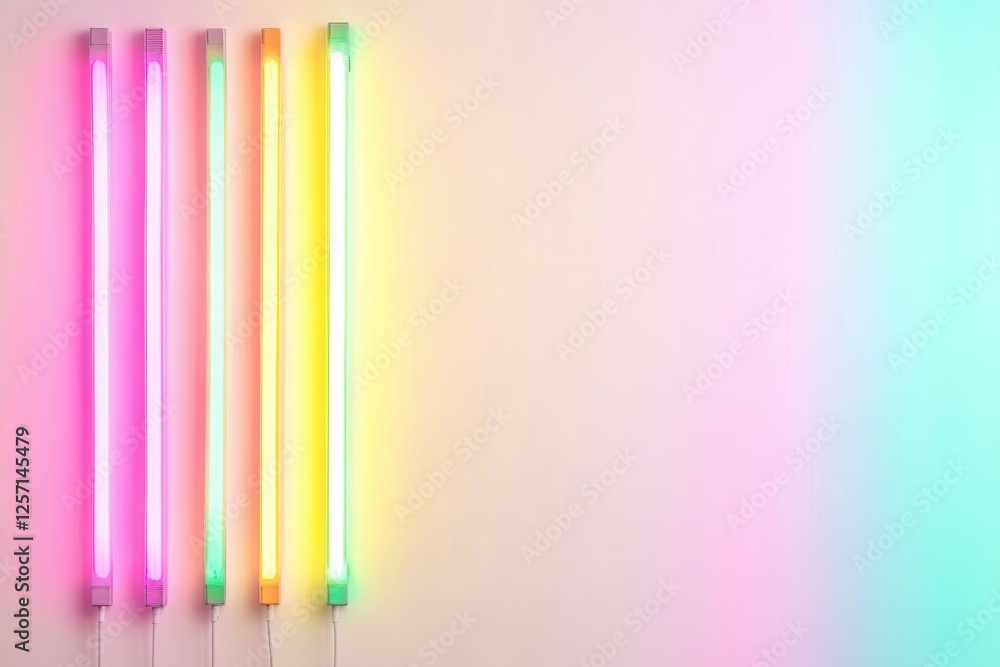 Poster three neon lights hanging on a wall in a dark room with colorful glow and modern design