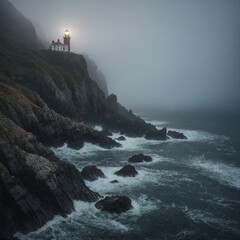 A lone diamond glistening like a lighthouse on a rocky coastal cliff, guiding ships through a dreamy mist.