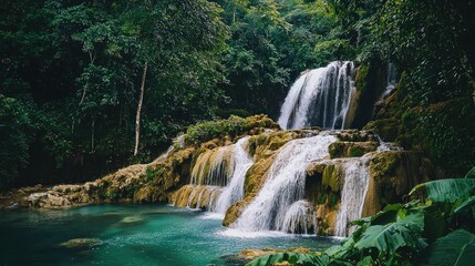 Naklejka premium A cascading waterfall surrounded by lush greenery and moss-covered rocks.