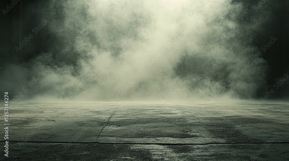 Poster dense fog envelops an empty warehouse floor creating a mysterious atmosphere in dim light