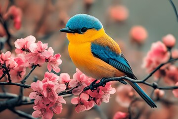Obraz premium Colorful Bird on Blossoming Branch