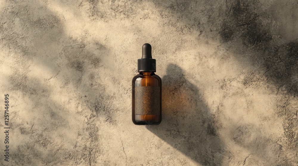 Poster an amber bottle with a dropper on textured surface
