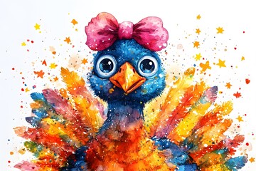 Naklejka premium Blue Bird with Bow in Splash of Colors