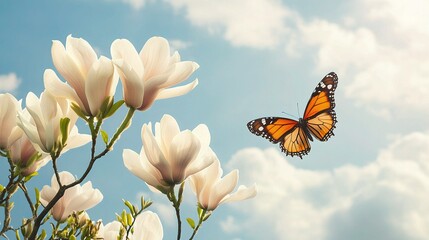 Beautiful Magnolia Flower with Butterfly Under Blue Sky