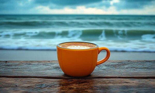 A bright orange coffee cup sits on a wooden table by the beach, with gentle waves in the background