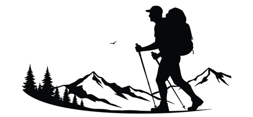 Hiking Man Vector Hiker and  silhouette with white background