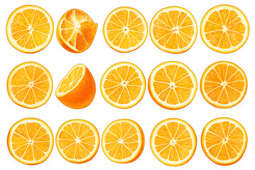 Obraz premium Orange isolated set. Collection of ripe juicy orange slices in water drops on a white background PNG.AI GENERATED