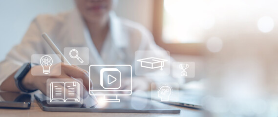 education concept e-learning online learning  Person who attends online lessons on a digital screen.Education internet Technology.